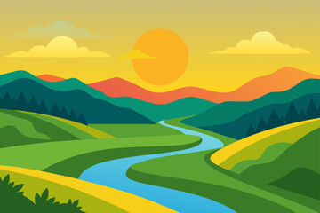 Obraz premium Vibrant sunset over rolling hills and winding river