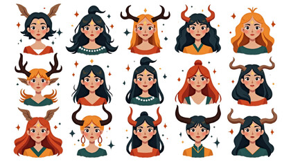 Fototapeta premium Whimsical portraits of female characters with diverse hairstyles and horned designs