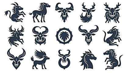 Fototapeta premium Dark blue silhouettes of animals and mythical symbols in a modern design