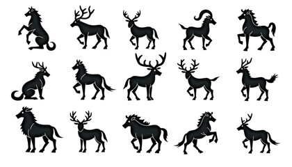 Obraz premium Black silhouettes of horned animals in various postures presented in a minimalist design