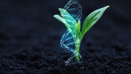 A glowing holographic plant sprouting from dark soil, symbolizing futuristic agriculture and environmental innovation. Generative AI.