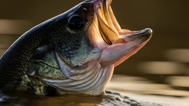 Closeup of a fish with its mouth open caught in the air