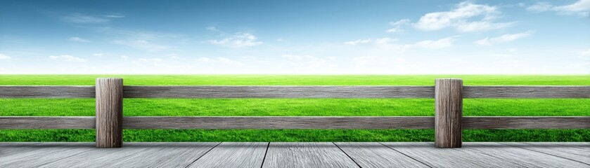 Serene countryside landscape, rustic wooden fence in a grassy field rustic