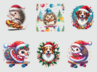Art of hedgehogs and dogs celebrating christmas holiday