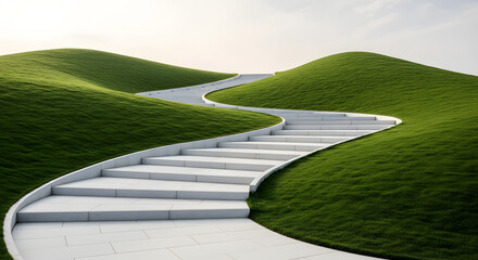 Ascending Path: A conceptual stairway gracefully winds through vibrant green hills, inviting exploration and hinting at future journeys and new heights in a serene landscape