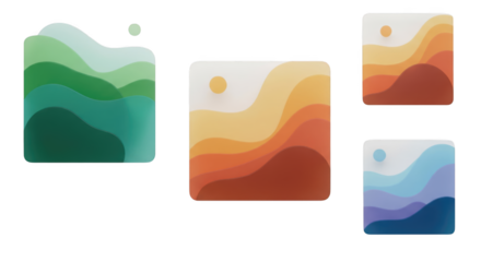 Colorful abstract layered landscapes with minimalist round suns on a black background