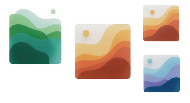 Colorful abstract layered landscapes with minimalist round suns on a black background