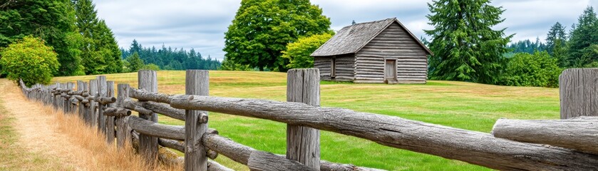 Fototapeta premium Rustic wooden fence, a natural boundary in serene outdoor setting rustic