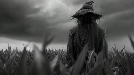 Scary scarecrow in cornfield under stormy sky with lightning - Powered by Adobe