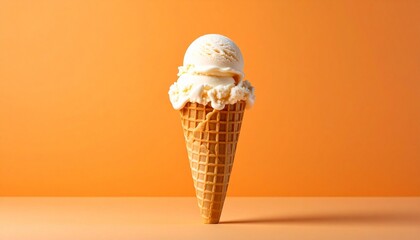 A waffle cone with ice cream displayed on a plain orange background
