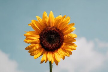 Obraz premium Vivid yellow sunflower in full bloom with a clean blue sky background symbolizing summer positivity and nature beauty.