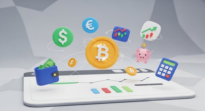 Digital currency investment and financial planning with charts and piggy bank