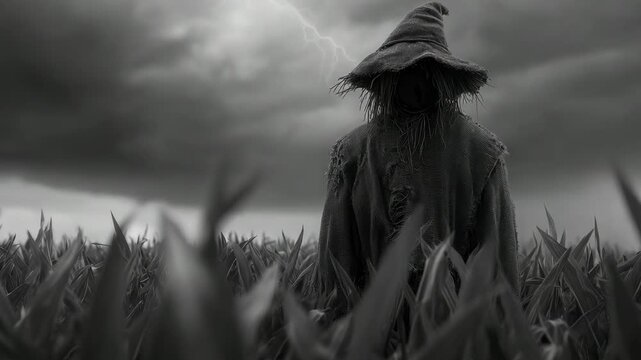 Scary scarecrow in cornfield under stormy sky with lightning