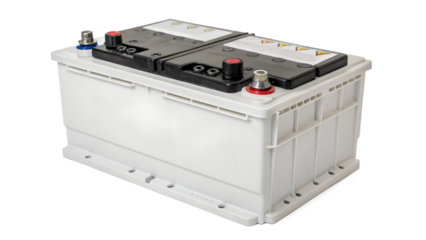Modern automotive car battery with black top and red terminals isolated on transparent background