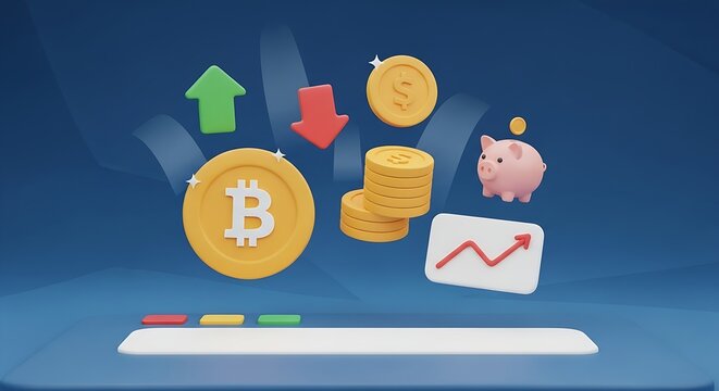 Bitcoin financial growth with upward and downward trend charts and piggy bank