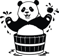 Exciting Vector Illustration of a Happy Panda in a Barrel Splashing Water While Holding an Apple, Whimsical Environment, Cartoon Style, Fun Concept