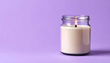 A candle in glass jar isolated on a plain purple background
