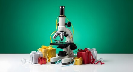 Microscope with Colorful Gift Boxes on White Surface Against Green Backdrop
