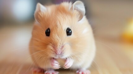 Cute gold hamster with soft golden-brown fur, round black eyes, and tiny paws, sitting on a white wooden platform with fresh sunflower seeds and a small wooden chew toy nearby