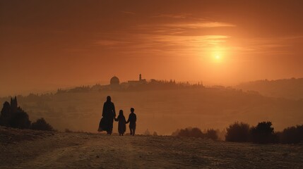 Obraz premium Family Walking Towards Jerusalem at Sunset, Dome of the Rock Silhouette