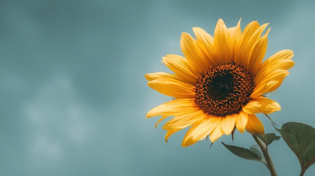 Vivid yellow sunflower in full bloom with a clean blue sky background symbolizing summer positivity and nature beauty.