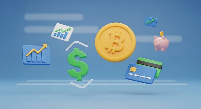 Bitcoin, dollar, and credit card symbols with financial charts and piggy bank