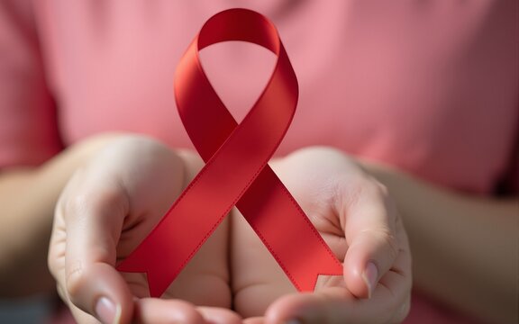 Hand holding Red Ribbon for December World Aids Day (acquired immune deficiency syndrome), multiple myeloma Cancer Awareness month and National Red ribbon week. Healthcare and world cancer day concept - Powered by Adobe