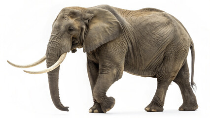 Obraz premium A full body shot of an african elephant walking with its tusks visible on a white background plain studio
