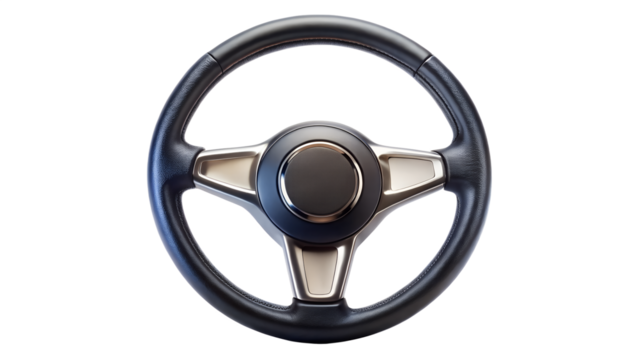 A modern car steering wheel with a chrome and black finish, isolated on a transparent background, representing control and driving