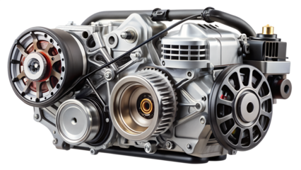 A complex mechanical engine component with gears and belts, isolated on a transparent background, showcasing engineering