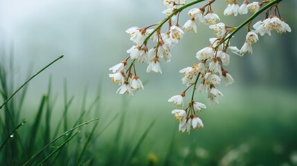 photo of delicate spring flowers hanging from long stems on a pastel green background, with copy space. soft focus and a misty effect create an ethereal feel. minimalist floral composition.