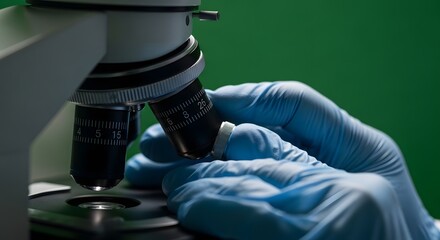 Medical Microscope with Gloved Hands on Green Background
