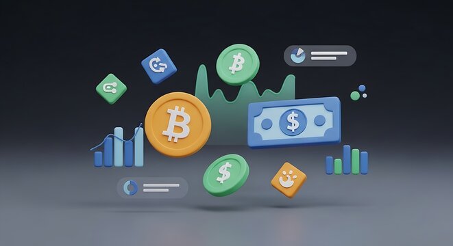 3d rendering of cryptocurrency and financial charts with bitcoin and dollar symbols