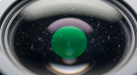 Macro Green Sphere Inside Clear Lens with Dust Particles Close Up