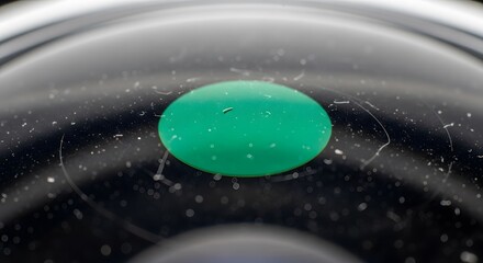 Abstract Green Circle on Black Shiny Surface with Scratches and Dust