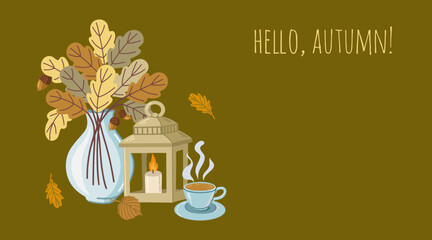 Cozy autumn banner with coffee, candle and vase with branch of oak leaves with acorns. Vector fall illustration