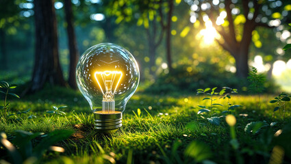 Green energy lightbulb on grass in nature with sunlight symbolizing clean sustainable future concept