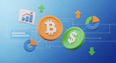 Bitcoin and dollar coins with upward and downward arrows and financial charts