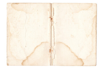 Open vintage notebook cover texture isolated on white background. Old stained and distressed book binding with rust spots, liquid spill marks on yellowed brown parchment paper.