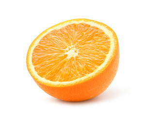Fresh orange halved isolated on white.