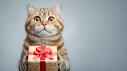 Cute cat holding a gift box with a red ribbon, a festive animal theme for a holiday greeting card. A charming Christmas or birthday present concept.