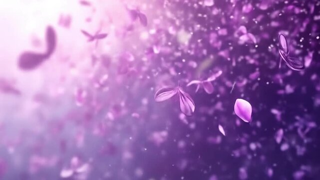 Purple flower petals scattered against a blurred softlit gradient background