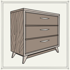Illustration of a midcentury modern dresser with three drawers, perfect for adding a touch of retro style to any interior design