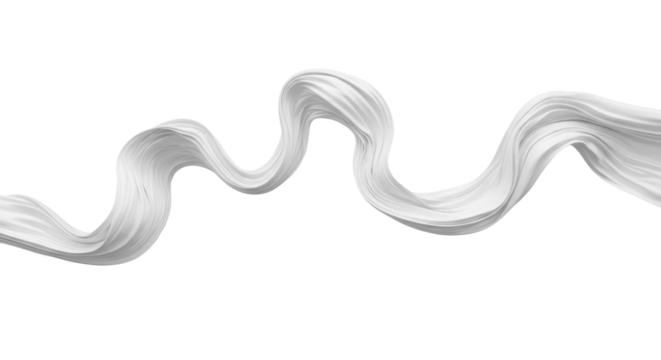 transparent, exceedingly long silk streamer flowing with sinuous curves, high-angle view on a transparent studio background with soft commercial lighting. Product photography aesthetic