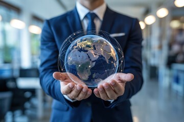Fototapeta premium A businessman holding a digital globe with network lines in his hands in an office setting