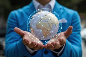 Man in blue suit holding a digital globe with network connections in his open hands in outdoor setting