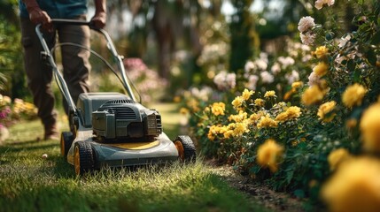 Man Mowing Lawn with Lawn Mower in Beautiful Garden with Yellow and White Roses, Summer Landscaping and Yard Maintenance