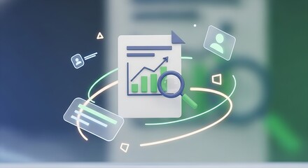Financial report analysis with magnifying glass and data visualization