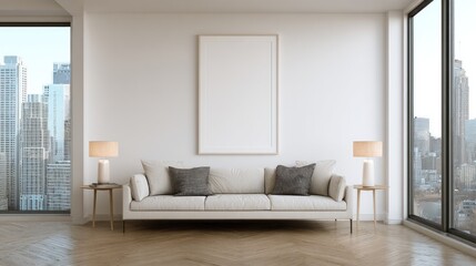 Modern living room scene with a light-colored sofa, framed art, and cityscape views