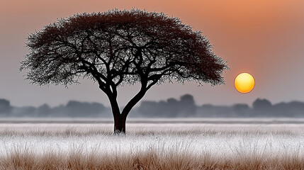 Serene Solitude: Silhouette of a solitary tree stands in the golden hour, offering a moment of quietude, perfect for conveying a sense of serenity.